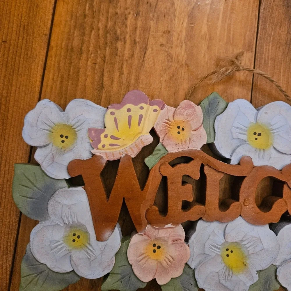 VTG Floral Wooden Welcome‎ Wall Hanging Sign Butterfly Cottagecore Spring Decor